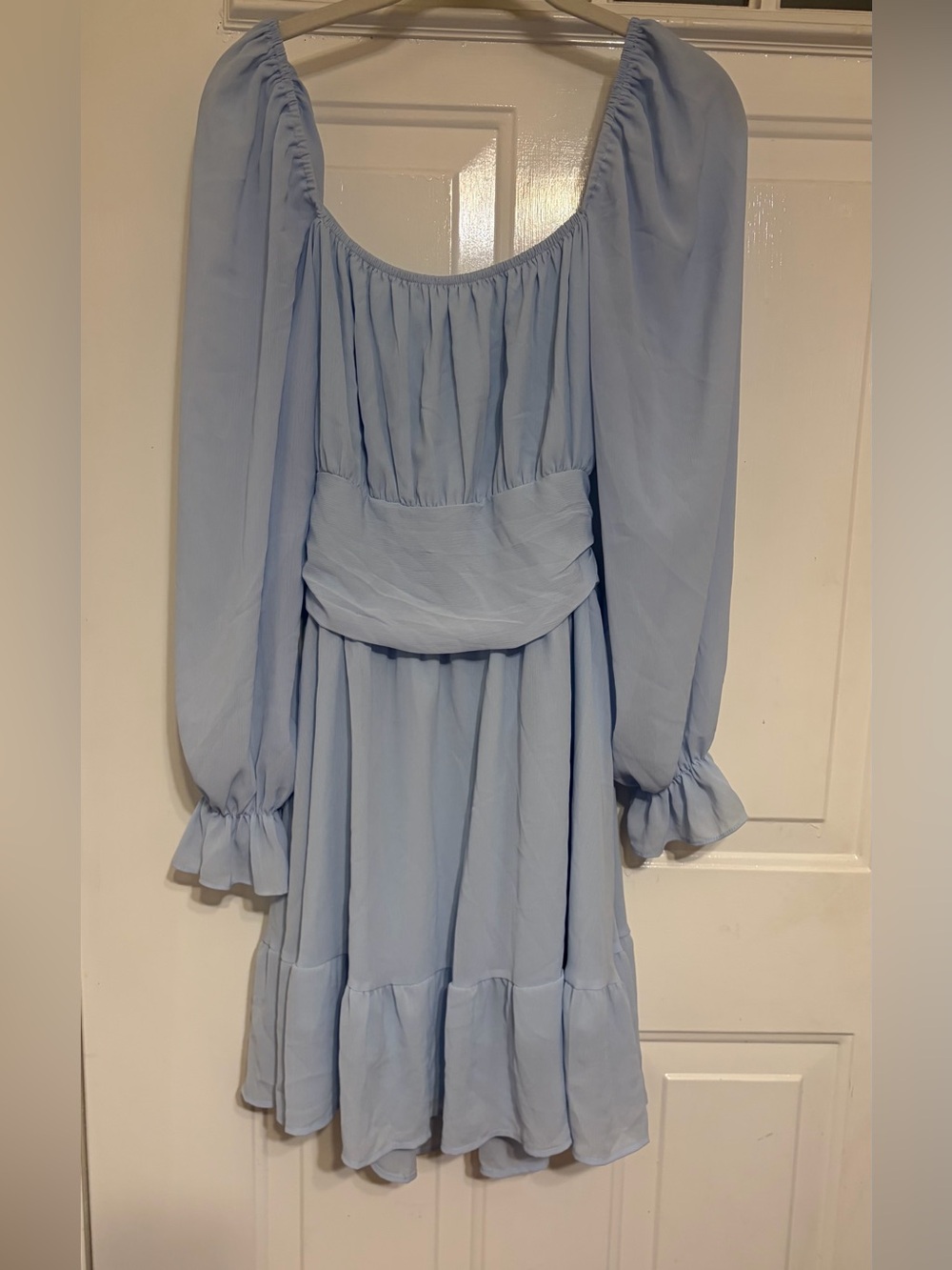 Exlura Women's Blue Square Neck Lantern Sleeve Ruffle Tie-Back Mini Dress Med